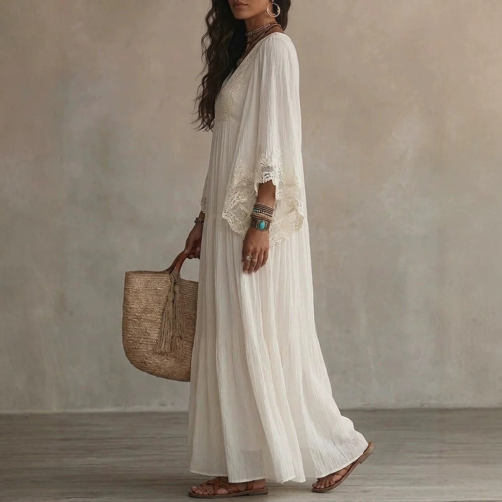Women's Lace Trim V-Neck Flowy Maxi Dress
