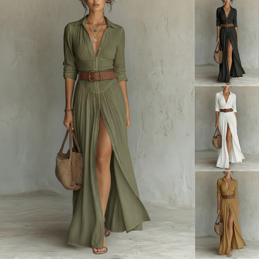 Women's High Waist A-Line Maxi Shirt Dress – 3/4 Sleeve