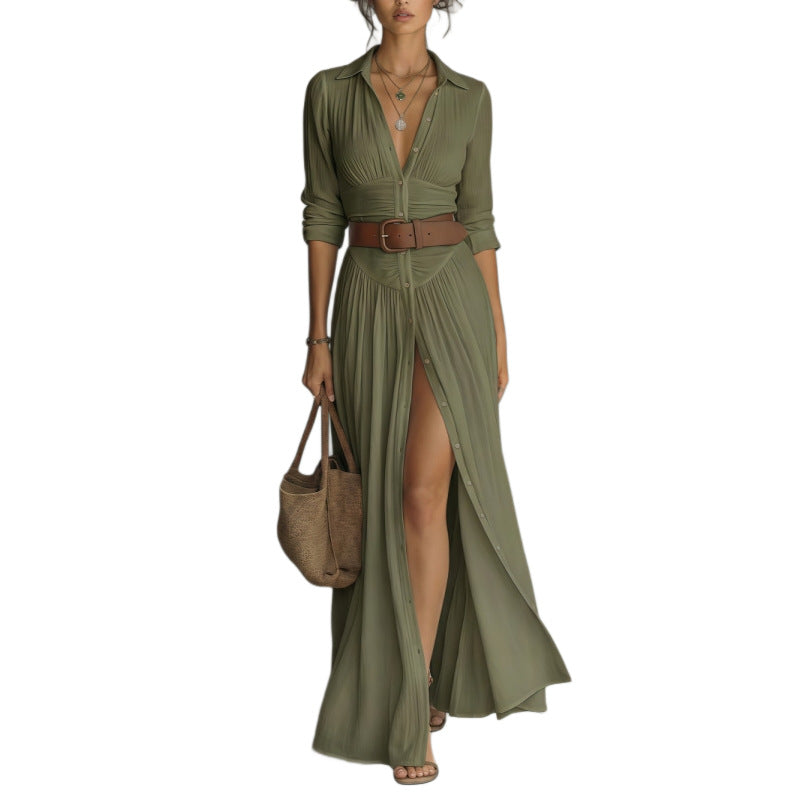 Women's High Waist A-Line Maxi Shirt Dress – 3/4 Sleeve