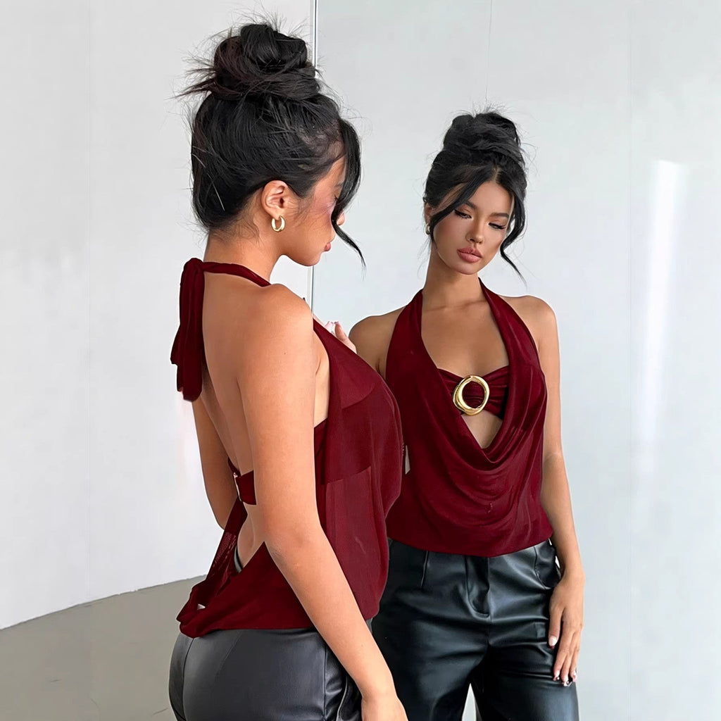 Women's Wine Red Sheer Mesh Halter Top