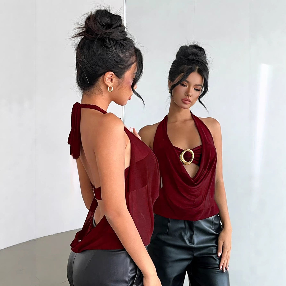 Women's Wine Red Sheer Mesh Halter Top