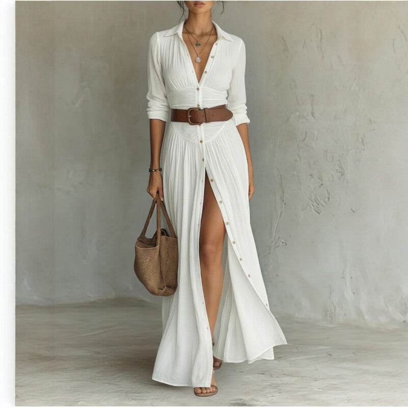 Women's High Waist A-Line Maxi Shirt Dress – 3/4 Sleeve
