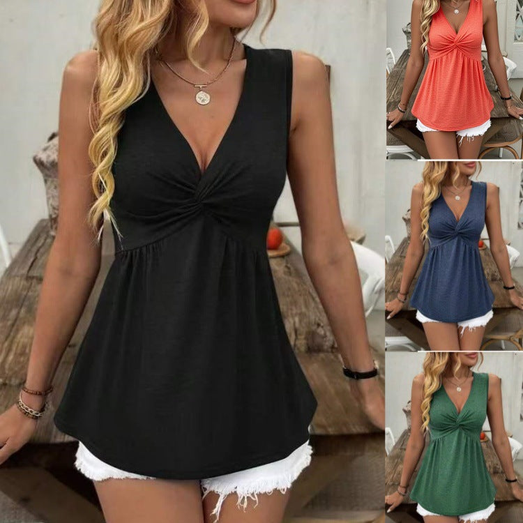 Twisted V-Neck Waist-Cinching Sleeveless Top