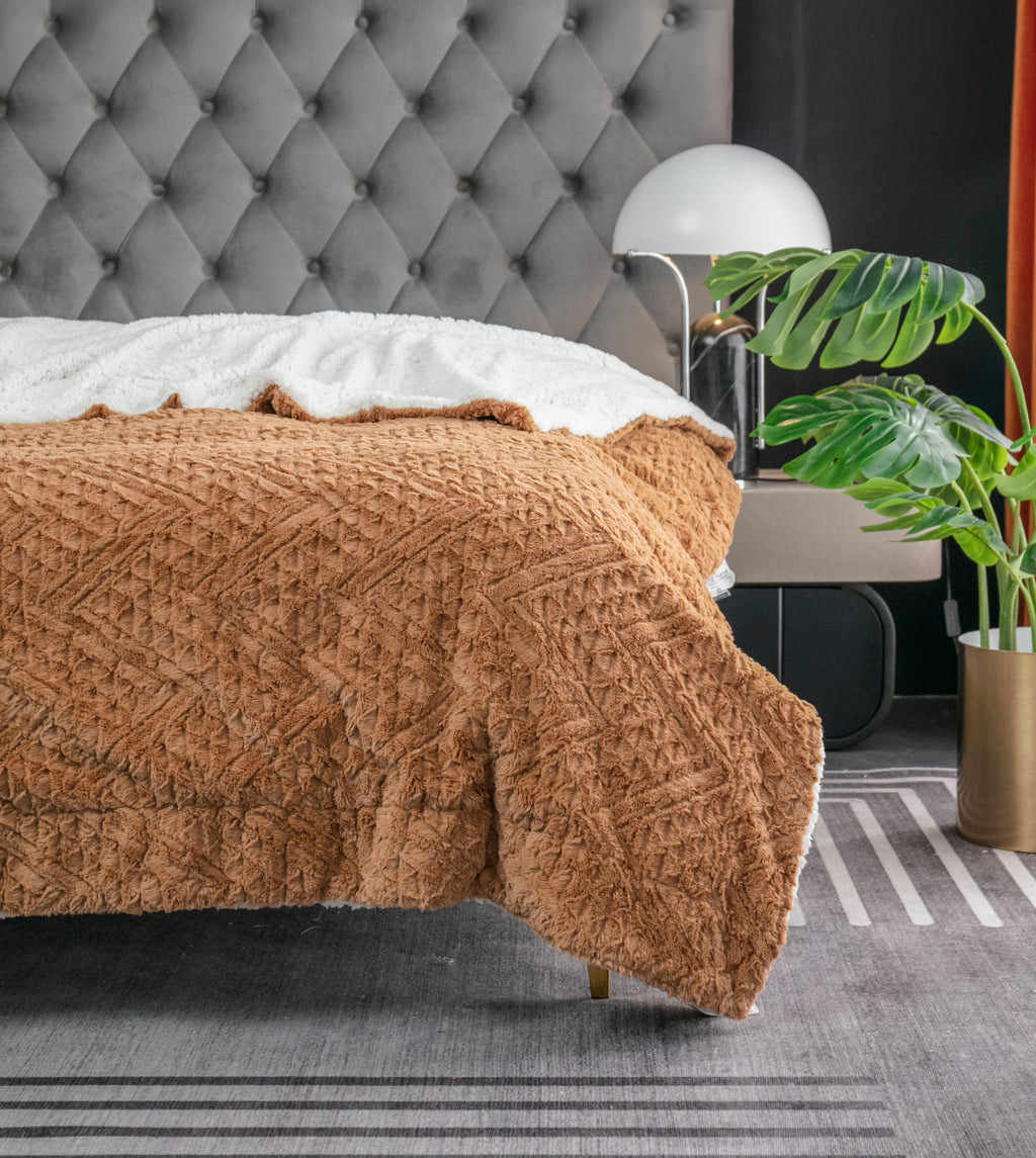 Tache Caramel Brown Faux Fur Throw Blanket Chevron Geometric Embossed (#10)