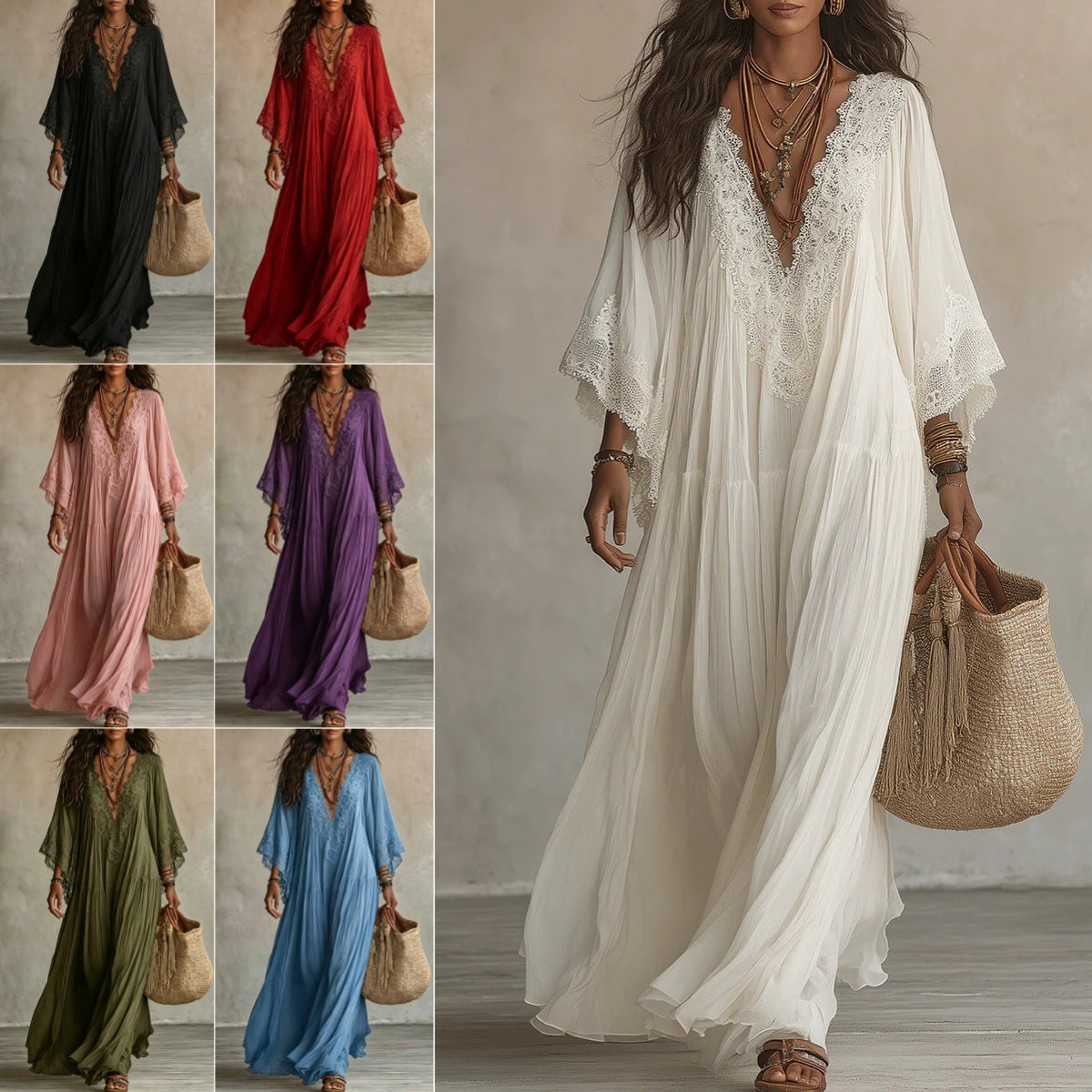Women's Lace Trim V-Neck Flowy Maxi Dress