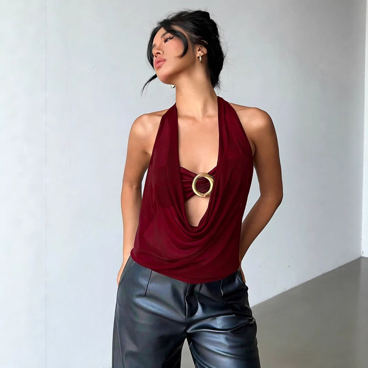 Women's Wine Red Sheer Mesh Halter Top