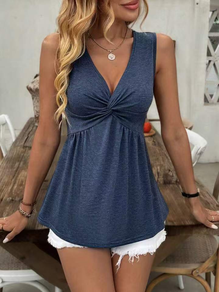 Twisted V-Neck Waist-Cinching Sleeveless Top
