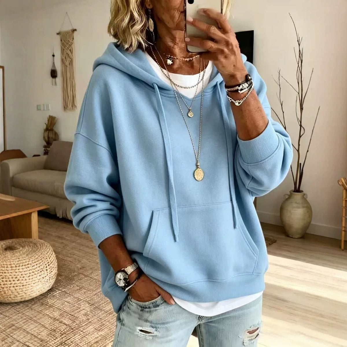 Women Casual Solid Pullover Hoodie Long Sleeve Drop Shoulder Sweatshirt With Drawstring & Kangaroo Pocket Loose Fit Tops