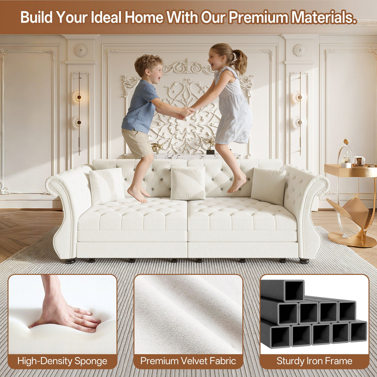 Oversized Chesterfield Pull Out Sofa Bed, Roll Arm Couch With Flower Tufting For Living Room