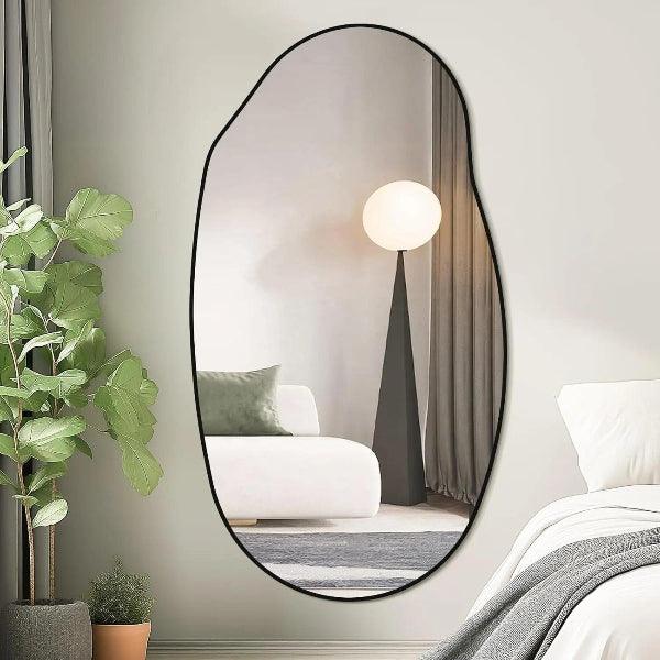 Irregular Wall Mirror, Black Asymmetrical Bathroom Mirror, Oval Aesthetic Mirror, Full Length Mirror, Shatterproof Black Bathroom Mirrors