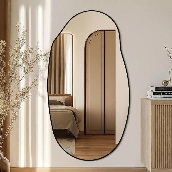 Irregular Wall Mirror, Black Asymmetrical Bathroom Mirror, Oval Aesthetic Mirror, Full Length Mirror, Shatterproof Black Bathroom Mirrors