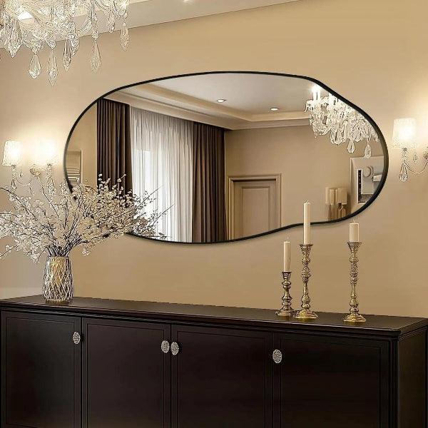 Irregular Wall Mirror, Black Asymmetrical Bathroom Mirror, Oval Aesthetic Mirror, Full Length Mirror, Shatterproof Black Bathroom Mirrors