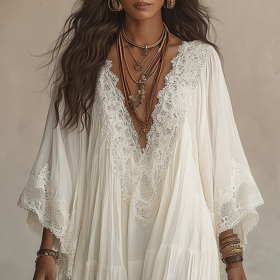 Women's Lace Trim V-Neck Flowy Maxi Dress