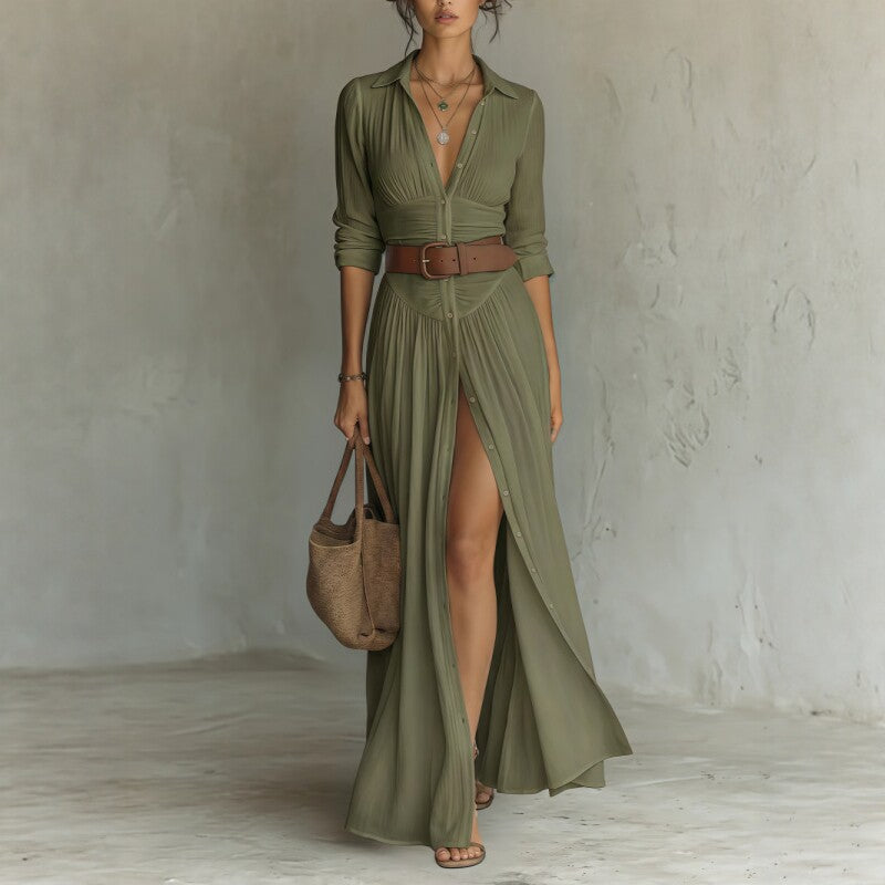Women's High Waist A-Line Maxi Shirt Dress – 3/4 Sleeve