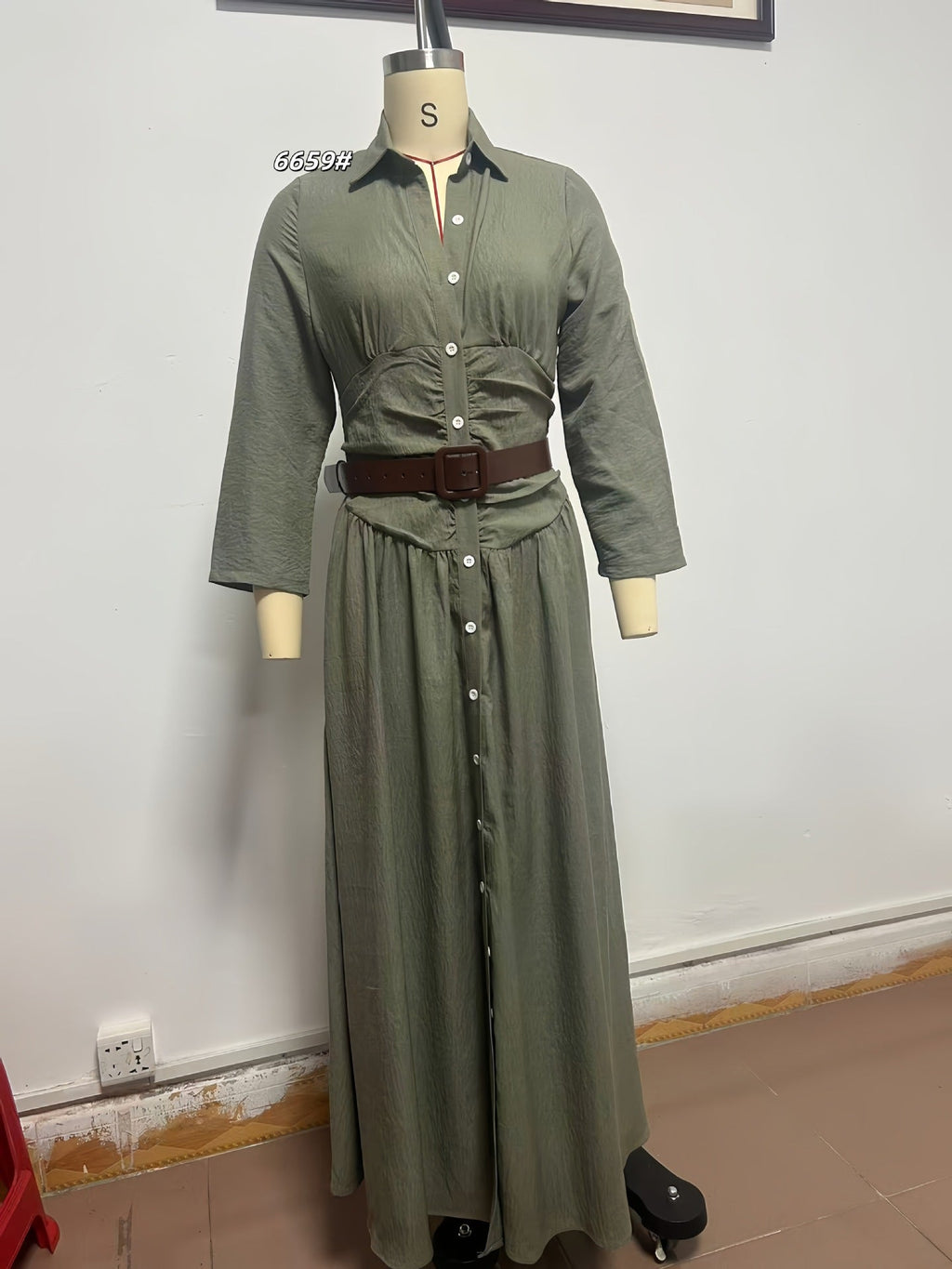 Women's High Waist A-Line Maxi Shirt Dress – 3/4 Sleeve
