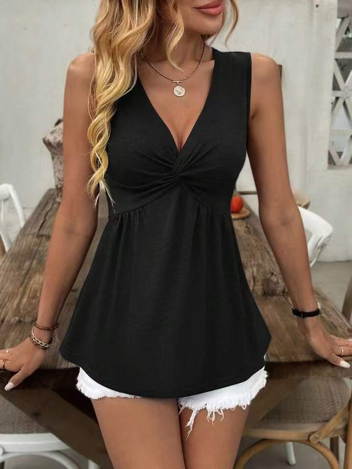 Twisted V-Neck Waist-Cinching Sleeveless Top