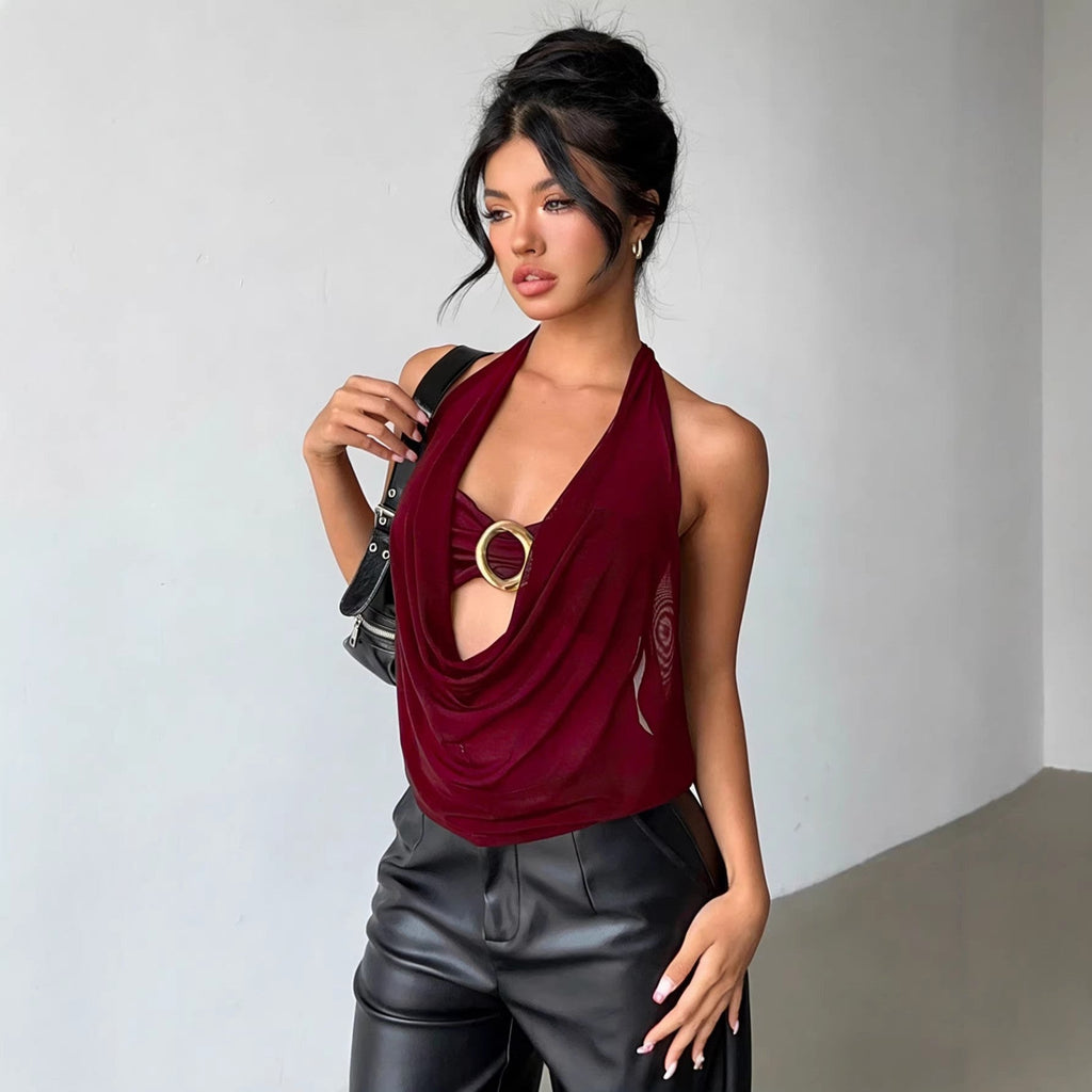 Women's Wine Red Sheer Mesh Halter Top