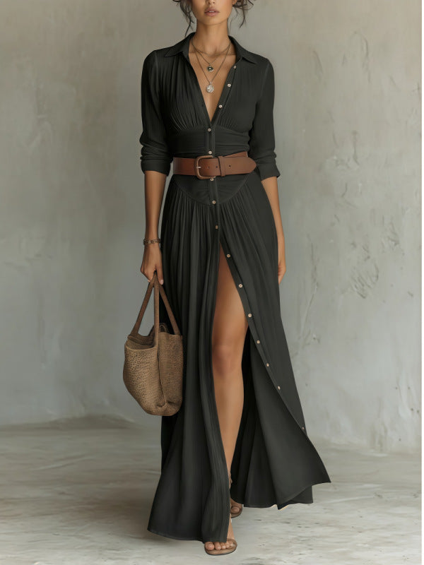 Women's High Waist A-Line Maxi Shirt Dress – 3/4 Sleeve