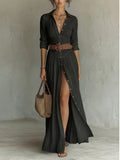 Women's High Waist A-Line Maxi Shirt Dress – 3/4 Sleeve