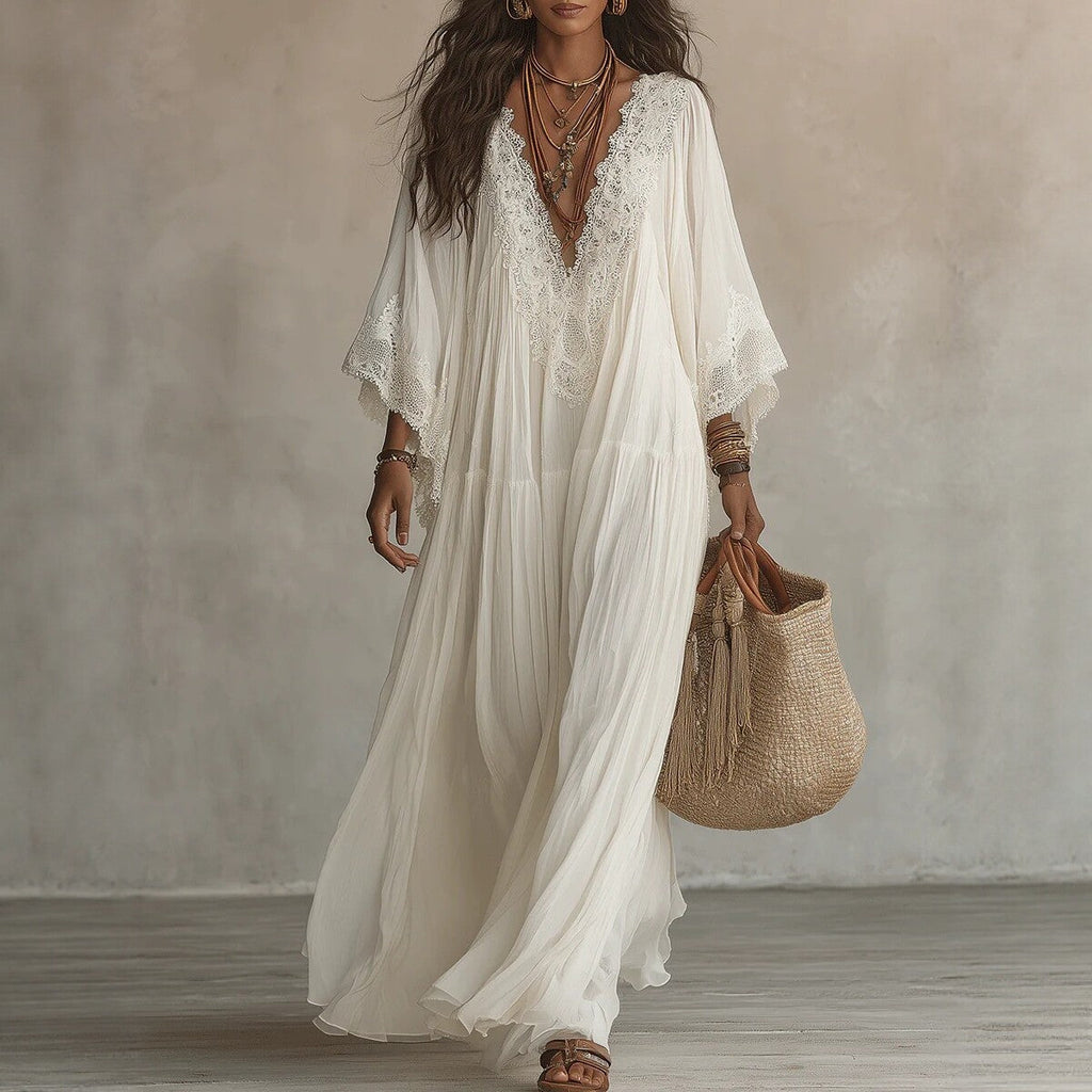 Women's Lace Trim V-Neck Flowy Maxi Dress