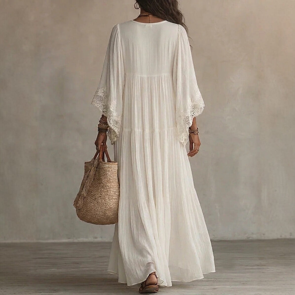 Women's Lace Trim V-Neck Flowy Maxi Dress