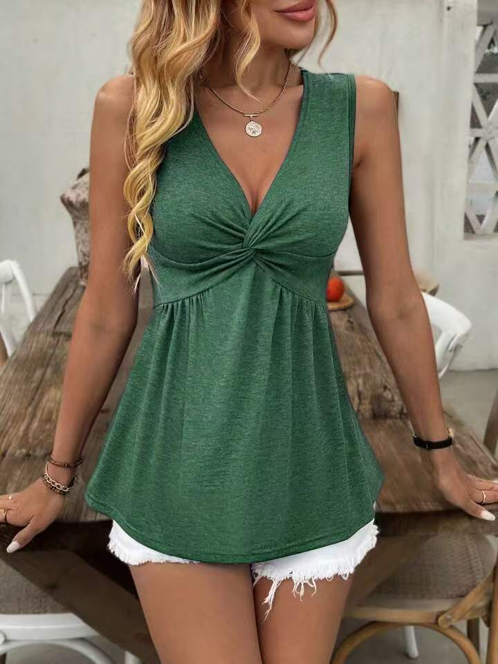 Twisted V-Neck Waist-Cinching Sleeveless Top