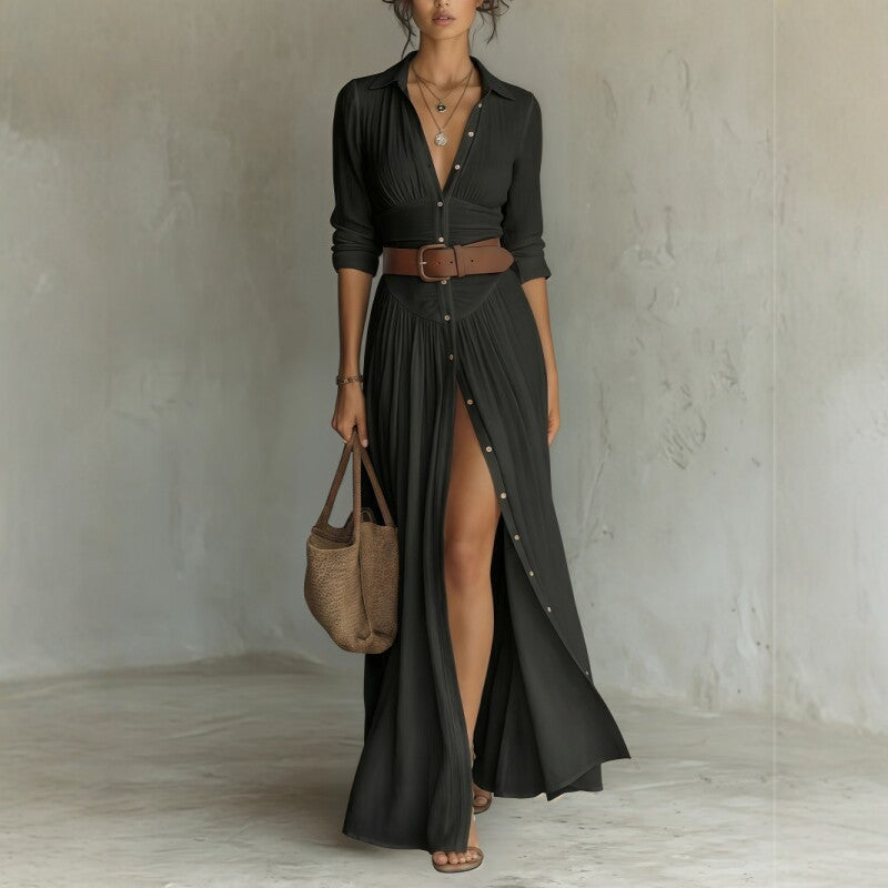 Women's High Waist A-Line Maxi Shirt Dress – 3/4 Sleeve
