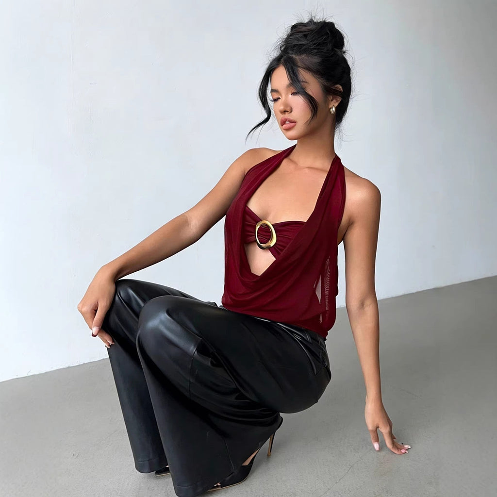 Women's Wine Red Sheer Mesh Halter Top